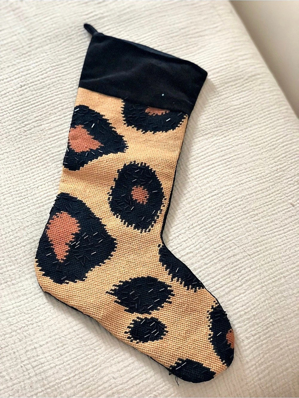 West Elm Leopard Print Beaded Christmas Stocking